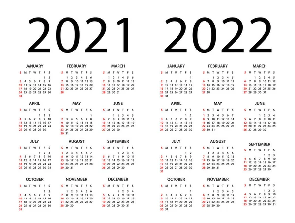 Calendario 2020 2021 2022 Año Ilustración Vectorial Semana Comienza Domingo — Vector de stock