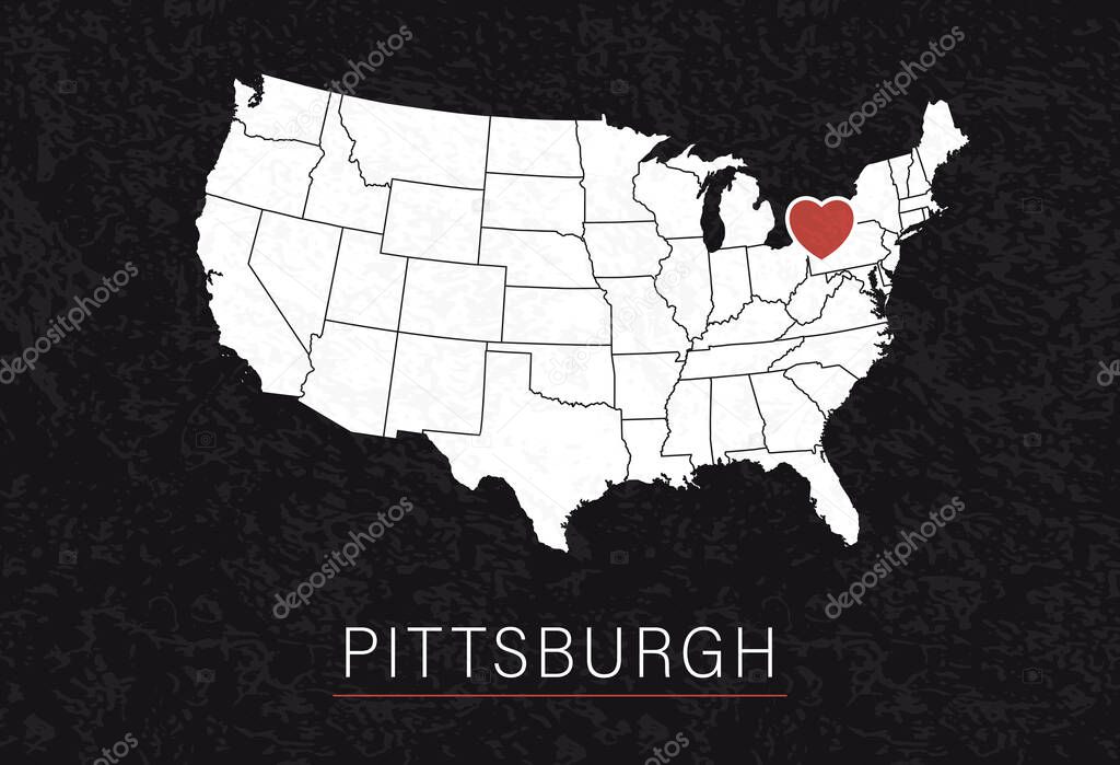 Love Pittsburgh Picture. Map of United States with Heart as City Point. Vector Illustration