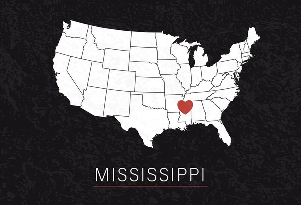 爱密西西比图片 以心脏为城市点的美国地图 病媒图解 — 图库矢量图片