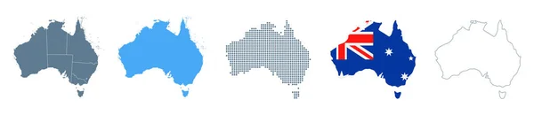 Conjunto Mapas Australia Vector Sólido Contorno Regiones Ilustración Píxeles Bandera — Vector de stock