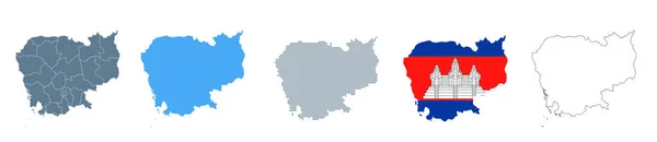 Kambodja Karta Set Vektor Solid Kontur Regioner Flagga Pixlar Illustration — Stock vektor