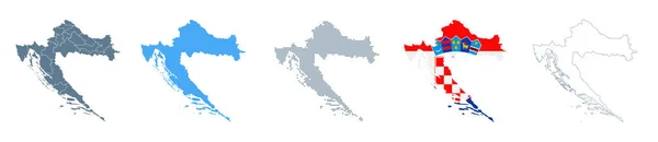 Kroatien Karta Set Vektor Solid Kontur Regioner Flagga Pixlar Illustration — Stock vektor