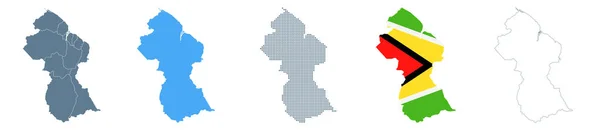 Zestaw Map Gujany Wektor Solid Kontur Regiony Flaga Piksele Ilustracja — Wektor stockowy
