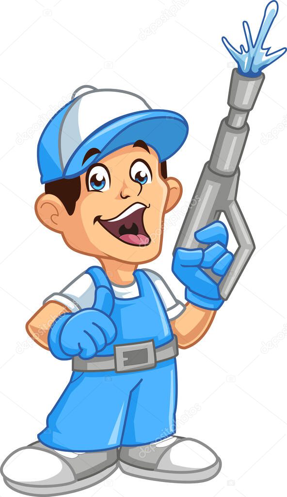 Cheerful Worker Mascot with Power Washer Tool