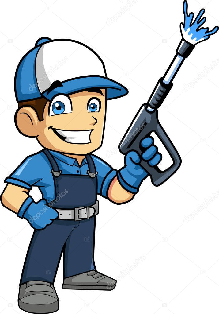 Smiling Worker Mascot Holding Pressure Washer Cartoon