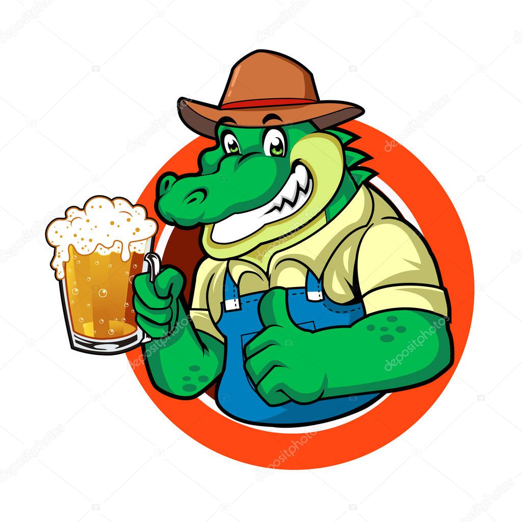 Farmer Alligator Mascot Holding Beer Cartoon