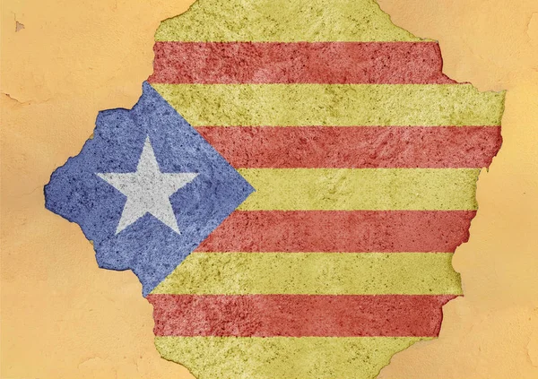 Bandera Del Estado Cataluña Estructura Fachada Material Roto Gran Agujero — Foto de Stock