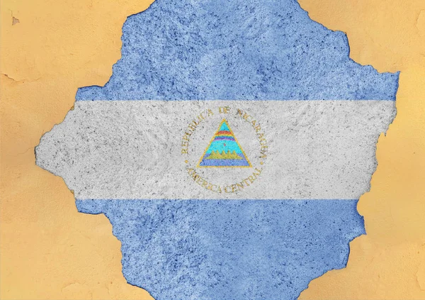 Nicaragua Zászlaja Nagy Törött Anyag Konkrét Repedt Lyuk Homlokzati Szerkezet — Stock Fotó