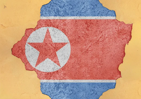 Corea Del Norte Agrietó Agujero Bandera Rota Estructura Fachada Material — Foto de Stock