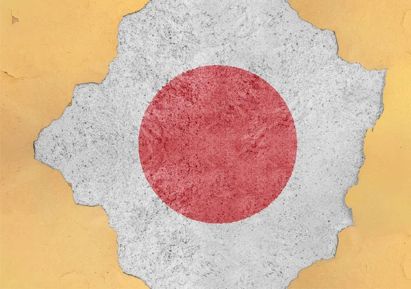 ファサード構造大きい損傷恨みコンクリートひび割れ穴日本旗要約 — ストック写真
