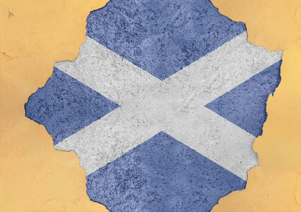 Scotland flag painted on concrete hole and cracked wall facade structure