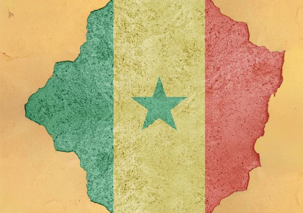 Senegal Knäckt Hål Och Trasiga Flaggan Stora Konkreta Material Fasad — Stockfoto