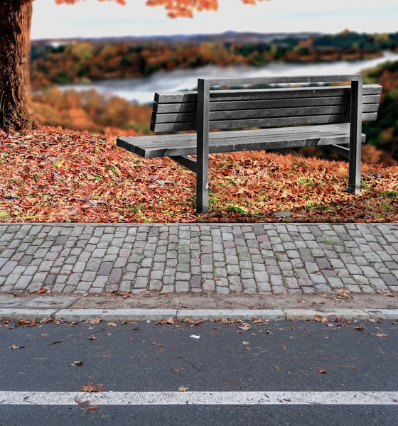 Asphhalt Kant Weg Kubus Stenen Houten Bankje Met Zicht Reiver — Stockfoto