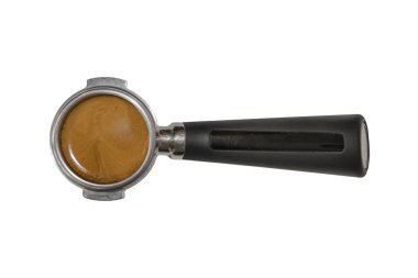 Kahve barista sert veya kaşık makine izole içinde espresso içkiyle