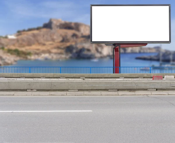 Billboard on bridge on asphalt empty road with sidewalk and two lane for traffic
