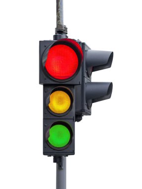 Kırmızı ışık ile üzerine beyaz izole sarı ve yeşil semafor