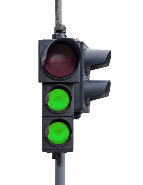 Dwa Semafora Zielone Światło Białym Tle — Zdjęcie stockowe