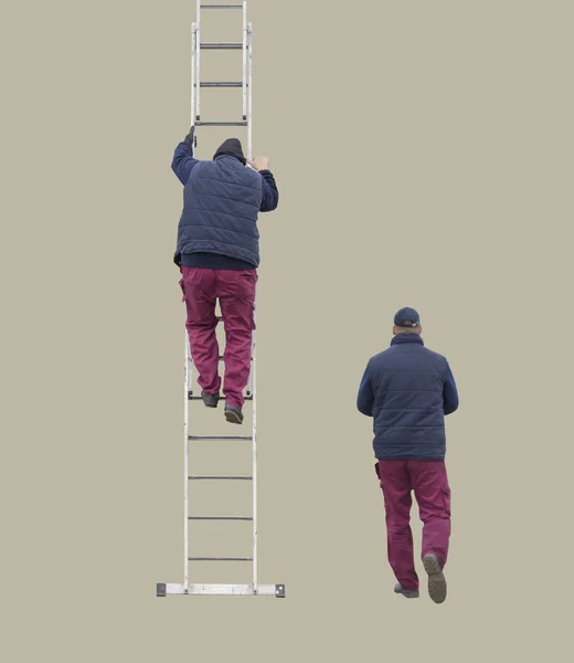 Two working man on ladders climbing up isolated on gray background