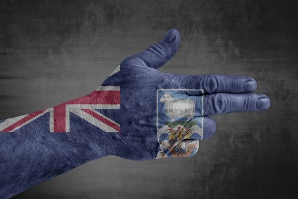 Flaga Wyspy Falklandy Malowane Mężczyzna Strony Jak Karabin — Zdjęcie stockowe