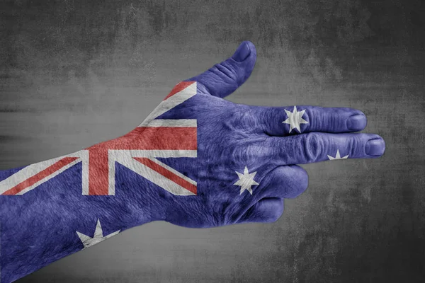 Bandeira Austrália Pintada Mão Masculina Como Uma Arma — Fotografia de Stock