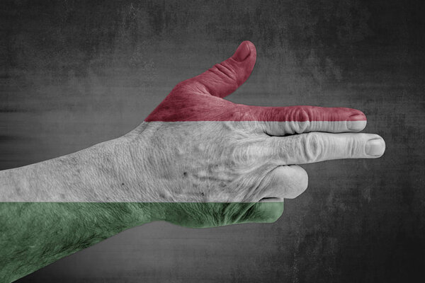 Флаг Венгрии, нарисованный на мужской руке, как пистолет
 