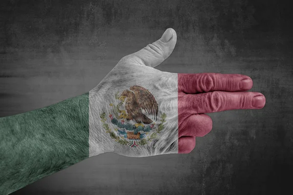Mexikói Zászló Festett Férfi Kezét Mint Egy Pisztoly — Stock Fotó