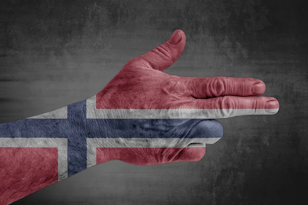 Norwegische Flagge Wie Ein Gewehr Auf Männerhand Gemalt — Stockfoto