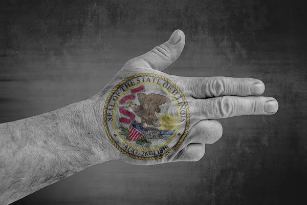 US State Illinois Seal flag painted on male hand like a gun