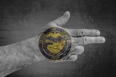 Erkek eli silah gibi boyanmış Oregon devlet mührü bayrak 