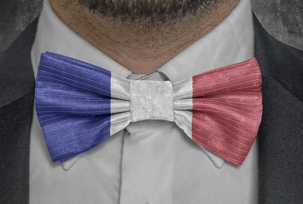 Εθνική Σημαία Της Χώρας Γαλλία Σχετικά Παπιγιόν Επιχείρηση Άνθρωπος Κοστούμι — Φωτογραφία Αρχείου