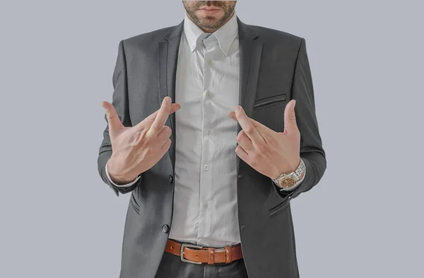 Dishonest Businessman Telling Lies Lying Male Entrepreneur Holding Fingers Crossed — Stock Photo, Image