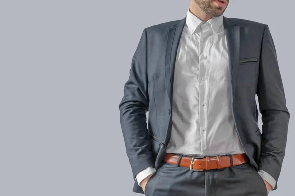 Man Elegant Custom Tailored Suit Man Hands Pocket — Stock Photo, Image