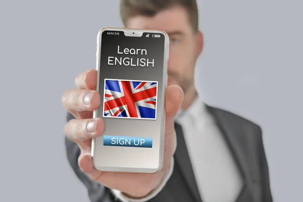 Online Concept Learn English Language Person Showing Learning App Mobile — Zdjęcie stockowe