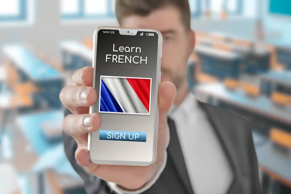 Online Concept Frans Leren Met Een Persoon Die Learning App — Stockfoto