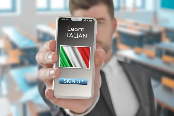 Online Concept Italiaans Leren Met Een Persoon Die Learning App — Stockfoto