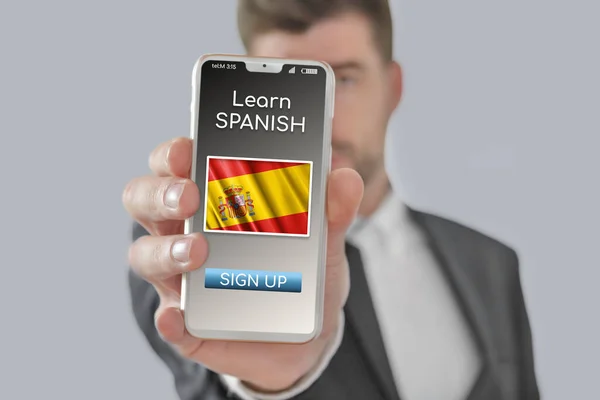 Online Concept Spaans Leren Met Een Persoon Die Learning App — Stockfoto