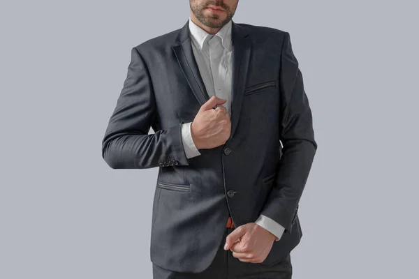 Young Handsome Stylish Man Dressed Modern Formal Clothes Buttoning Jacket — Stock Photo, Image