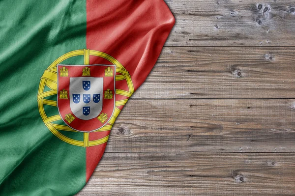 Placa Mesa Velha Natureza Padrão Madeira Com Bandeira Portugal — Fotografia de Stock