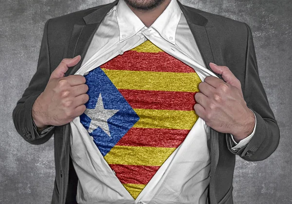 Hombre Negocios Mostrar Camiseta Bandera Cataluña Rasga Abrir Camisa — Foto de Stock