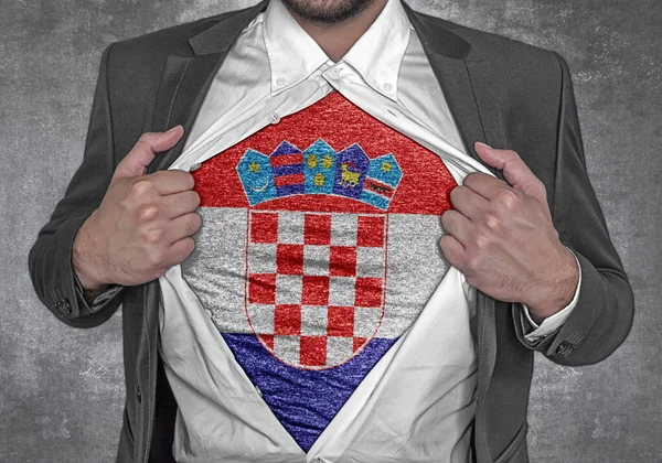 Hombre Negocios Mostrar Camiseta Bandera Croacia Rasga Abrir Camisa —  Fotos de Stock