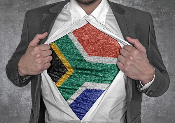 Üzletember Show Shirt Zászló Dél Afrika Hasítja Fel Ingét — Stock Fotó