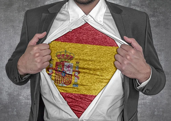 Obchodní Muž Show Tričko Vlajka Španělska Roztrhne Košili — Stock fotografie