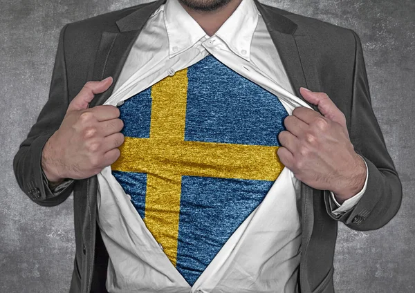 Business Man Show Shirt Flag Sweden Rips Open His Shirt — Stock Photo, Image