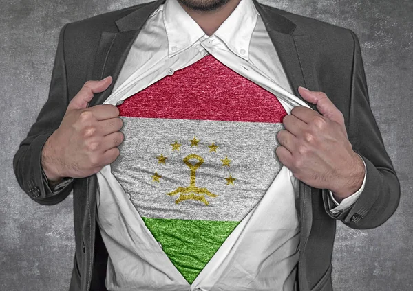 Affärsman Visa Shirt Flagga Tadzjikistan Rips Öppna Sin Skjorta — Stockfoto