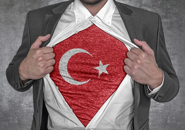 Geschäftsmann Zeigt Shirt Flagge Der Türkei Reißt Hemd Auf — Stockfoto