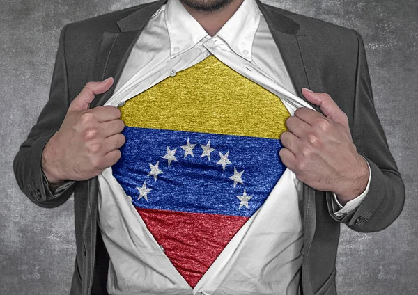 Homem Negócios Show Shirt Bandeira Venezuela Rasga Abrir Sua Camisa — Fotografia de Stock