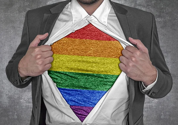 Business Man Show Shirt Flag Lgbt Rips Open His Shirt — Stock fotografie