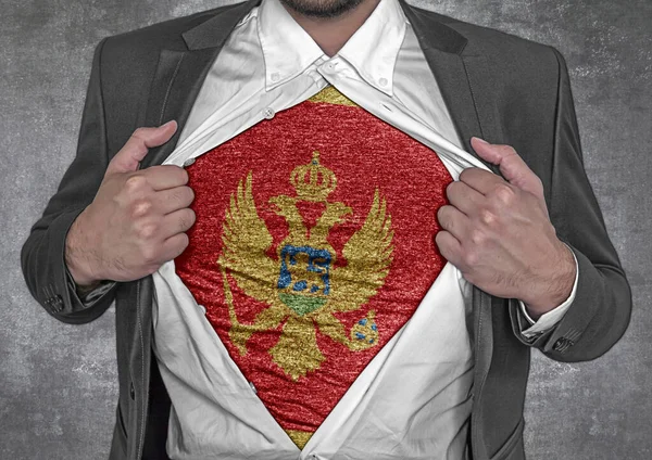 Business Man Show Shirt Flagga Montenegro Rips Öppna Hans Skjorta — Stockfoto