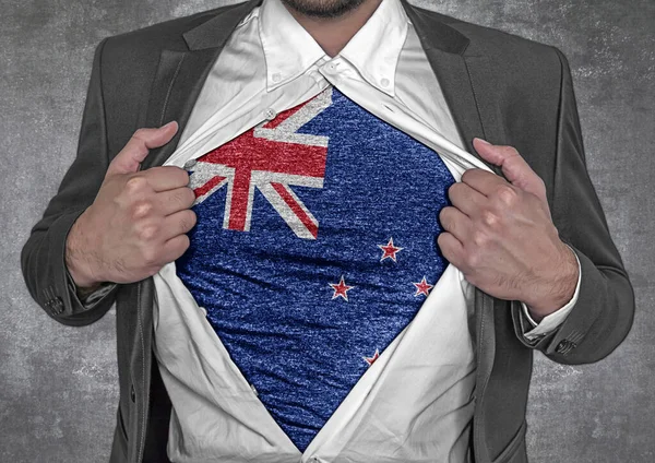 Hombre Negocios Mostrar Bandera Nueva Zelanda Rasga Abrir Camisa —  Fotos de Stock