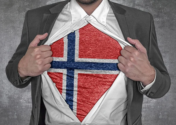 Business Man Show Shirt Flag Norway Rips Open His Shirt — Stock fotografie